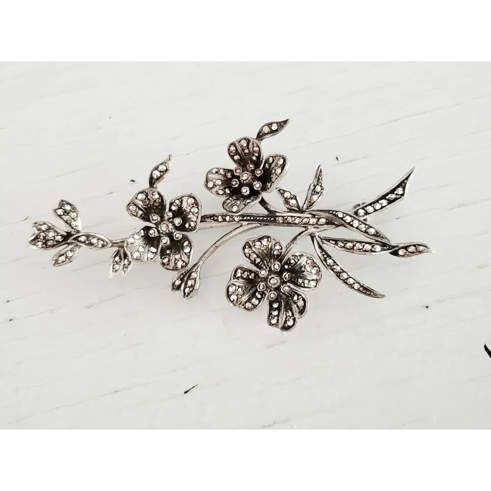 Vintage Sterling Silver Marcasite Floral Brooch